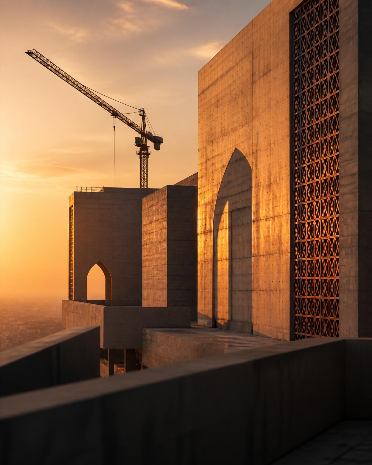 Architecture contemporaine d'inspiration marocaine au lever du jour